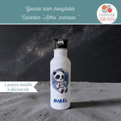 Gourde enfant en acier inoxydable personnalisée, avec prénom, motif panda astronaute