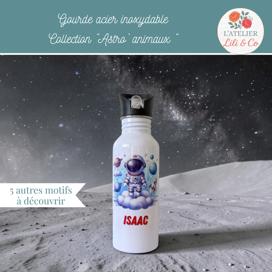 Gourde enfant en acier inoxydable personnalisée, motif astronaute, avec prénom personnalisé