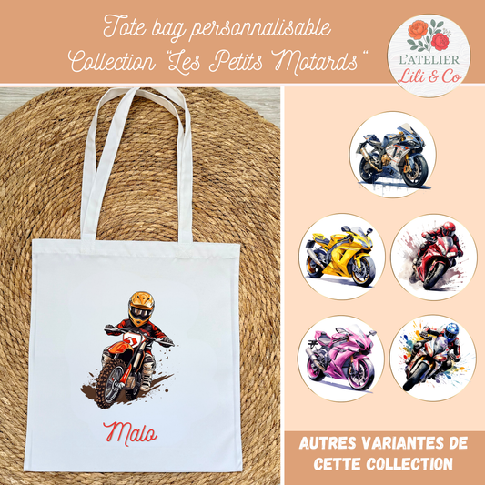Tote bag enfant avec motif moto -cross rouge et orange avec prénom personnalisé