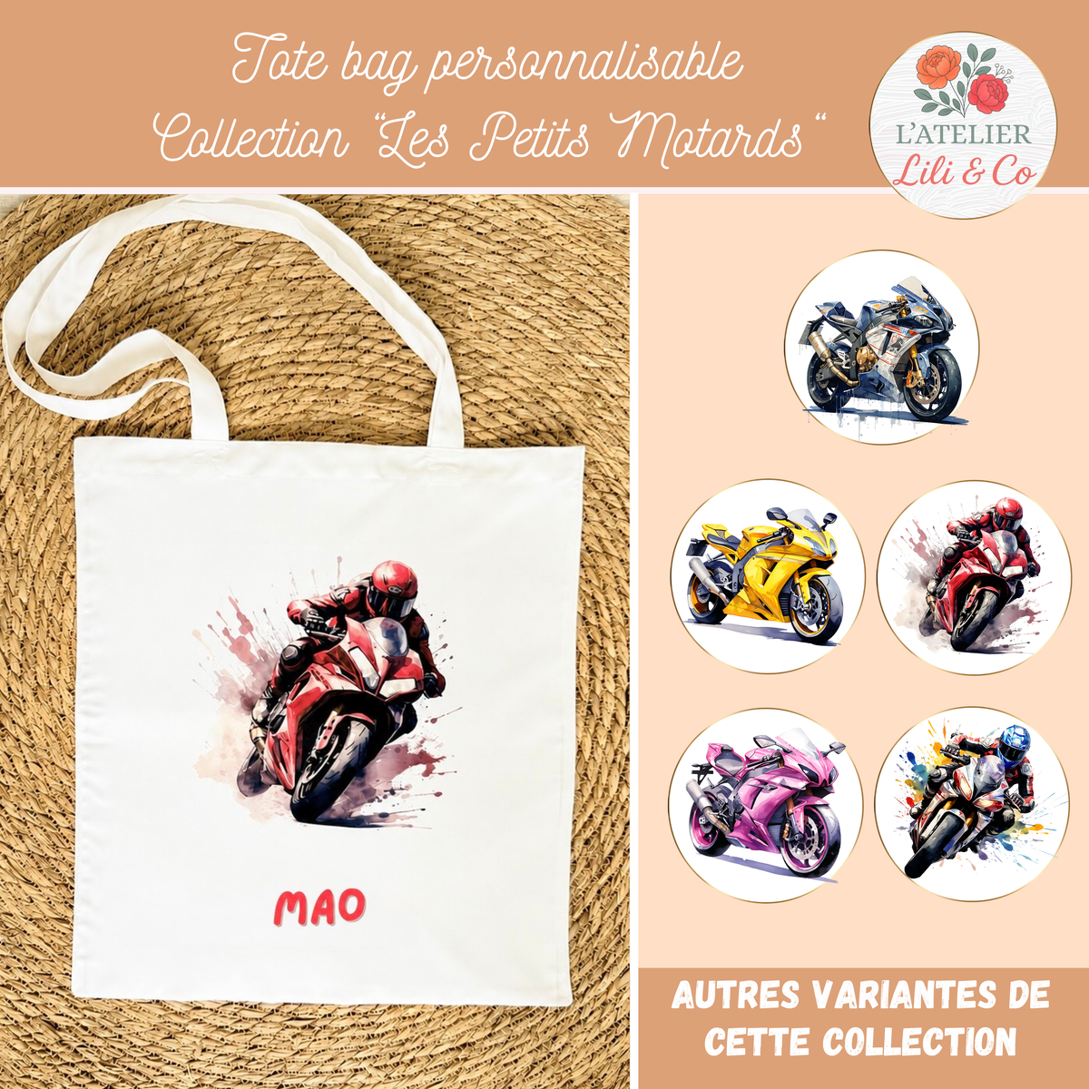 Tote bag enfant avec motif moto rouge sportive avec prénom personnalisé