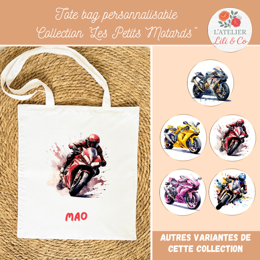 Tote bag enfant avec motif moto rouge sportive avec prénom personnalisé